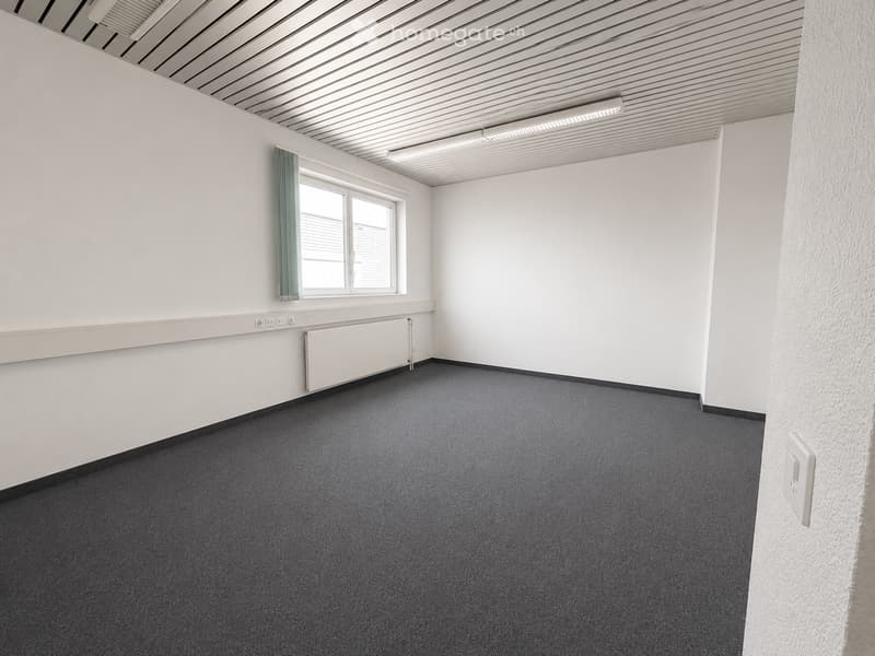 Empty room with white walls, grey carpet, a window with a green curtain, and a radiator below the window.