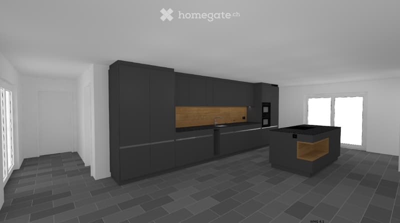 Modern kitchen with black cabinets, a central island, and a sleek design. The space features a dark tiled floor and large windows allowing natural light.