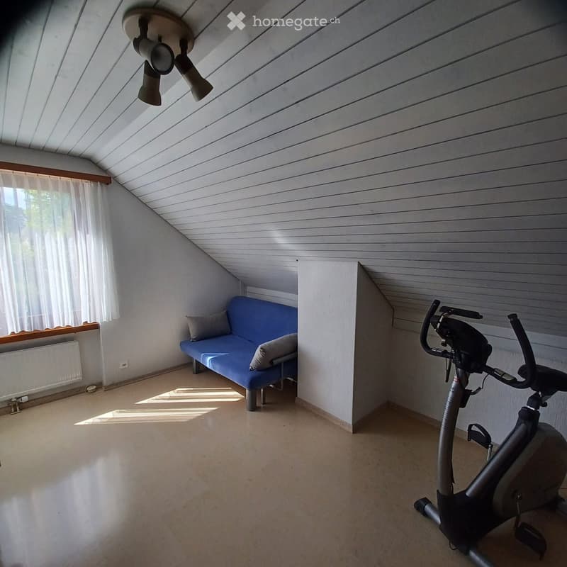 A small, slanted-ceiling room with a blue sofa and an exercise bike, featuring wooden paneling and a window with white curtains.