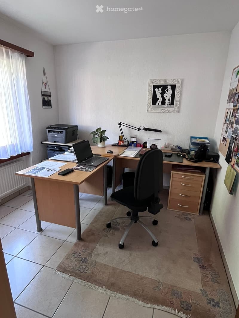 A well-organized office space with a wooden desk, laptop, office chair, printer, small plant, desk lamp, and various office supplies.