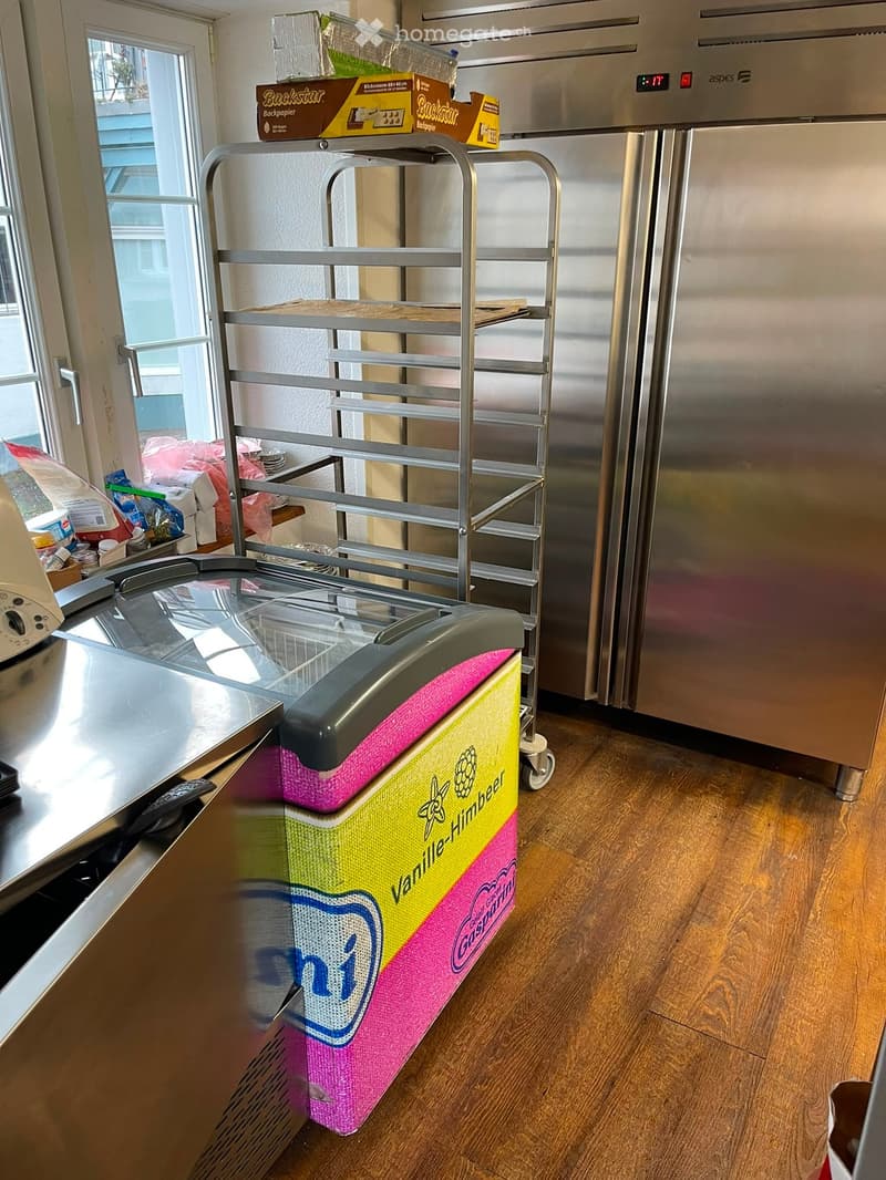 Modern kitchen with stainless steel appliances, wooden flooring, and a cart with baking supplies.