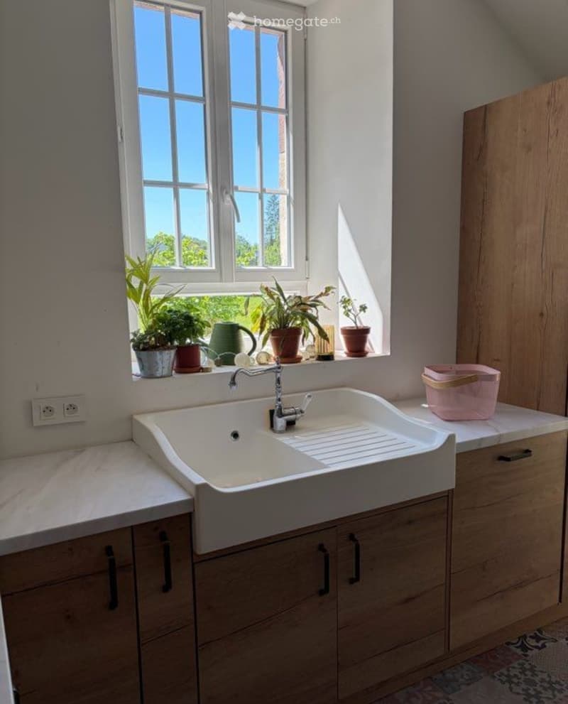 Bright kitchen with a white sink, wooden cabinets, and potted plants on the windowsill. A pink basket is on the counter.
