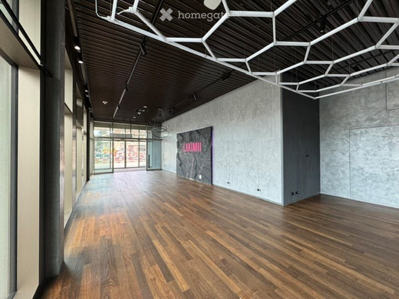 Empty hallway with wooden flooring, modern ceiling design, and large windows at the end.