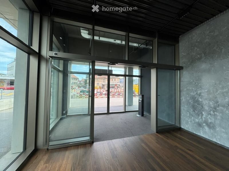 Modern hallway with large glass doors leading outside, polished wooden flooring, and a clean, minimalist design.
