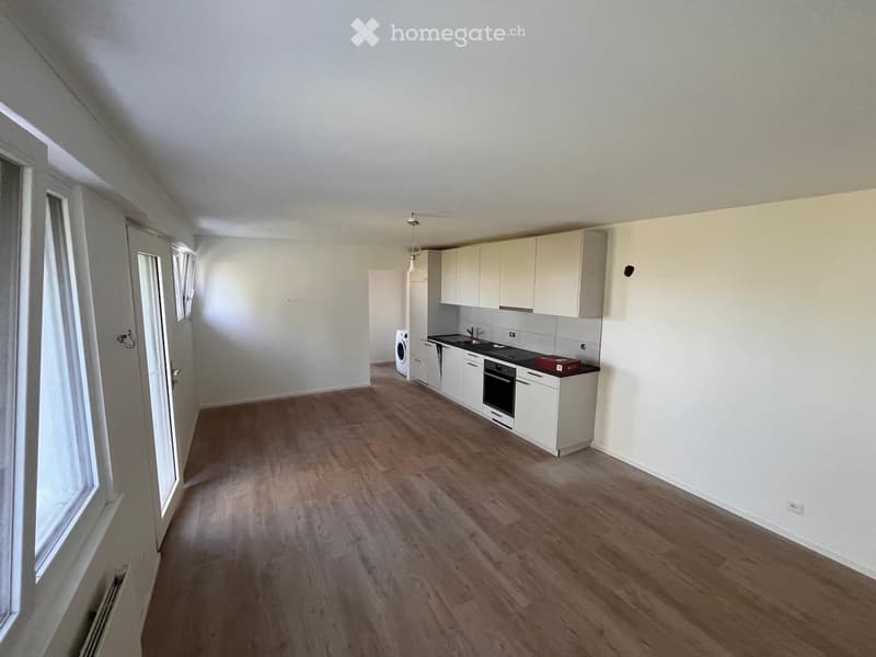 Bright, modern kitchen with white cabinets, a sink, an oven, and a washing machine. The space features wooden flooring and large windows allowing natural light to fill the room.
