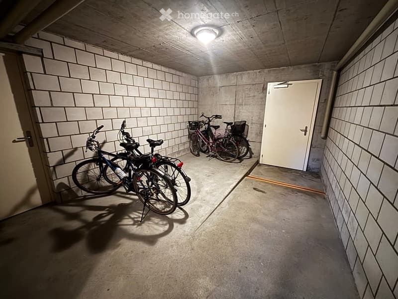 Underground parking area with concrete walls and floor, two bicycles parked inside, white door at the end.