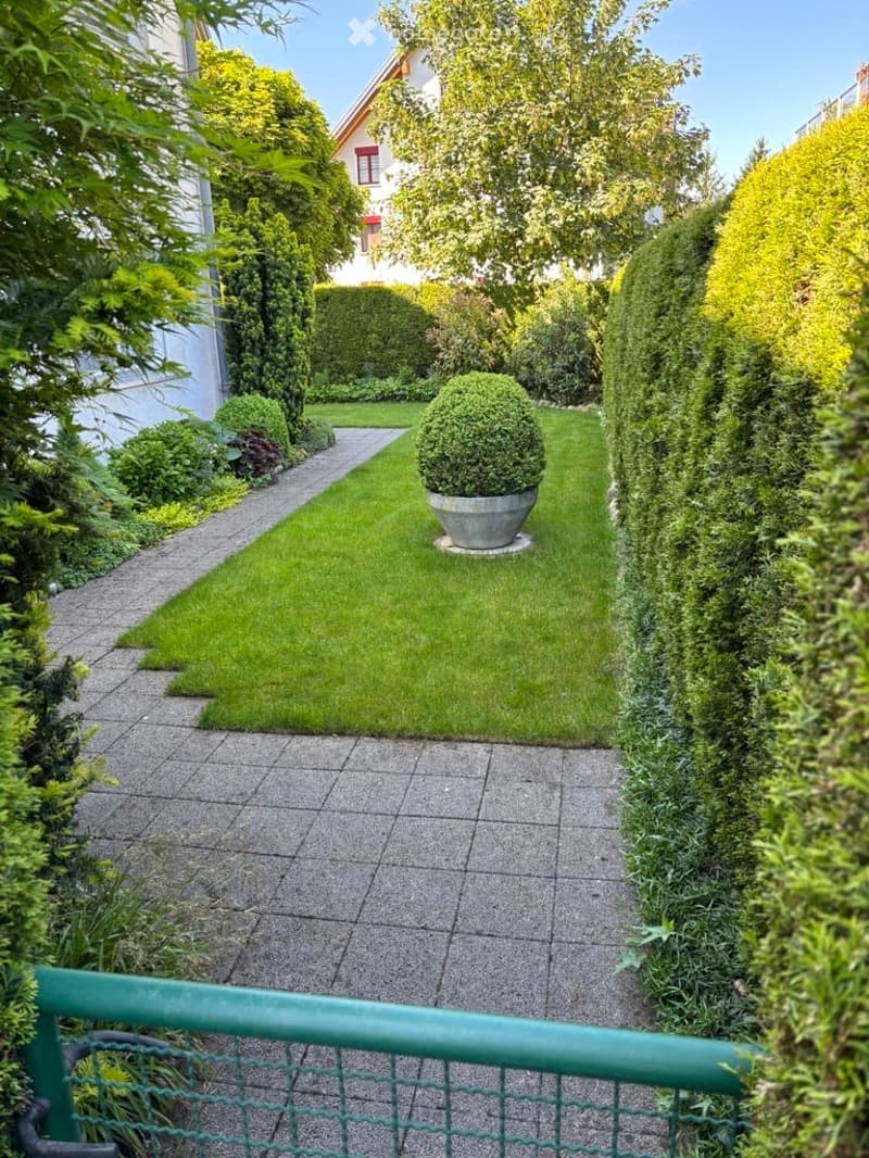 Well-maintained garden with a central lawn, trimmed hedges, and a large potted plant. The garden features a paved pathway leading to the house.