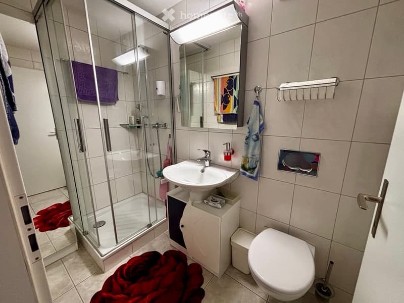 Modern bathroom with a glass-enclosed shower, a white sink, a toilet, a mirror, and a towel rack. The shower has a purple towel hanging inside, and there are additional towels and a red cloth on the floor.