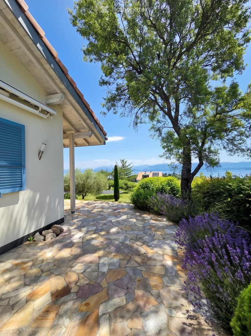 A stone pathway leads to a house with a view of a lake and mountains, surrounded by lush greenery and lavender plants.