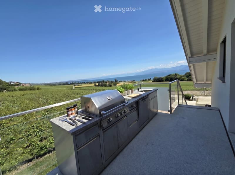 Balcony with a modern stainless steel grill, sink, and cutting board, overlooking a scenic countryside with mountains and a lake in the background.