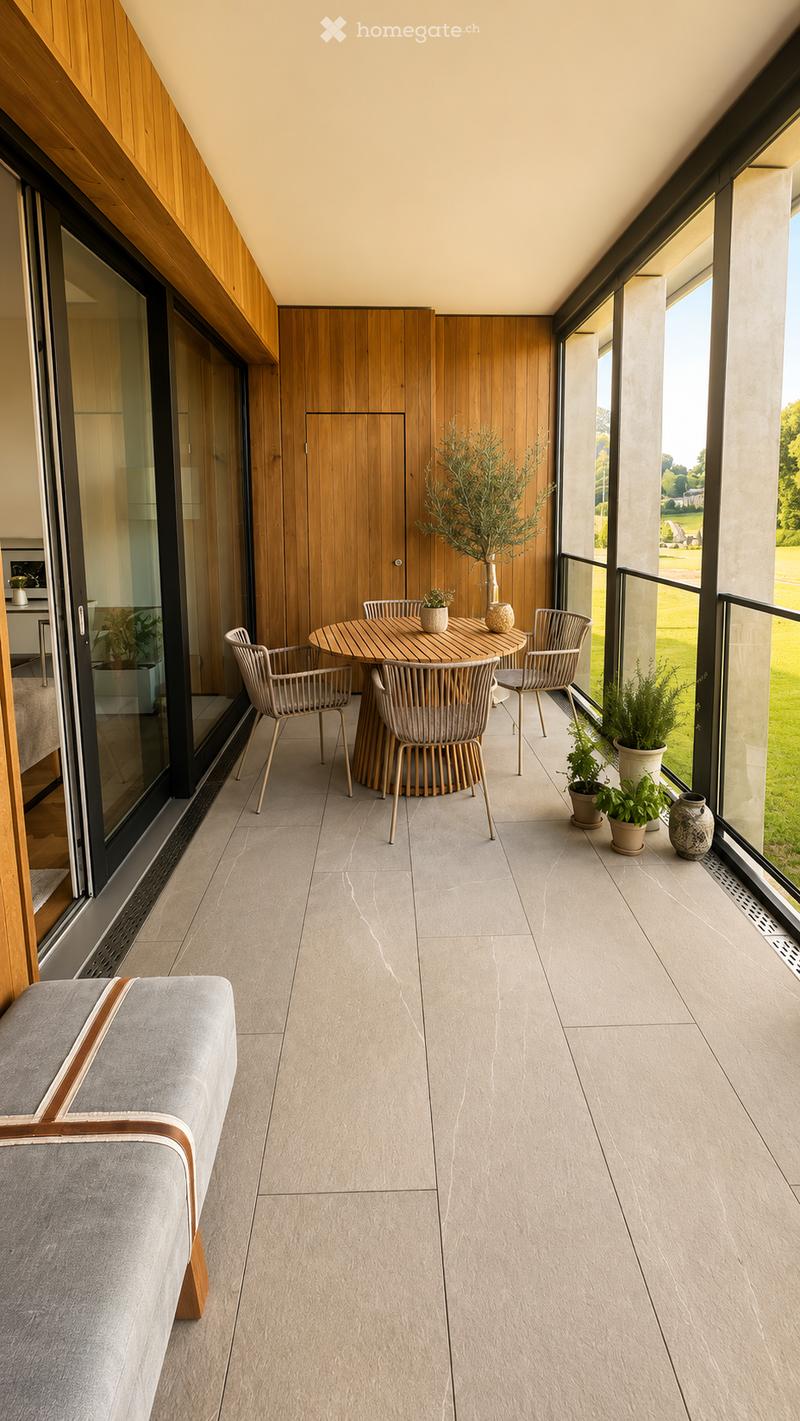 Modern balcony with grey sofa, round wooden table, six chairs, potted plants, and a decorative vase, overlooking a green landscape.