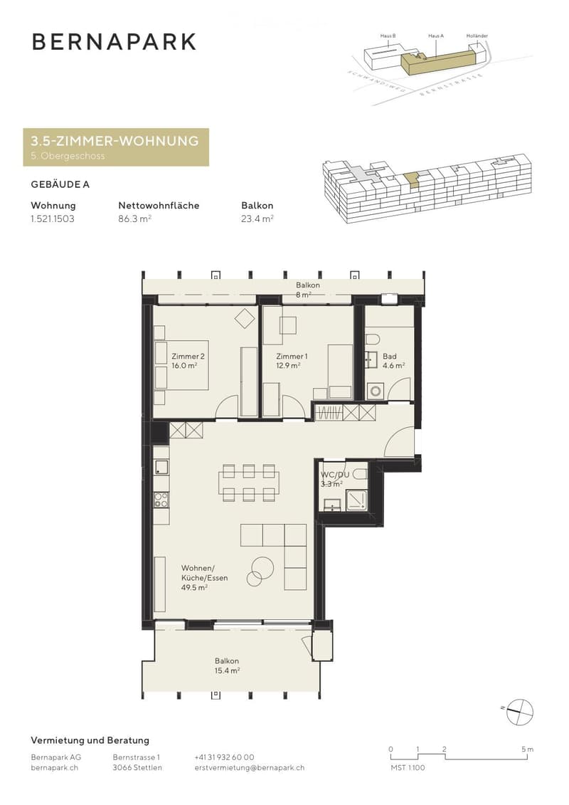 Floor plan of a 3.5-room apartment on the 5th upper floor, including living/dining/kitchen area, two bedrooms, bathroom, WC/shower, and two balconies.