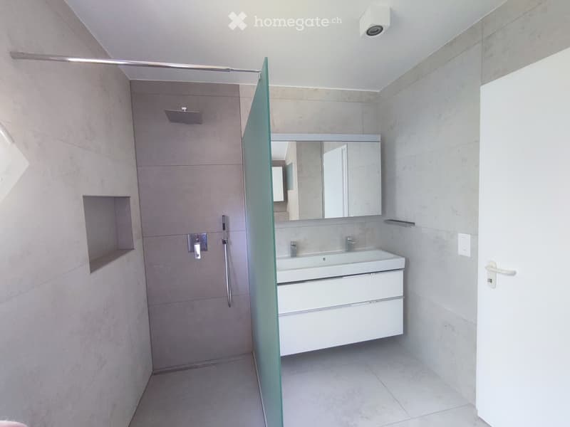 Modern bathroom with a white sink, mirrored cabinet, glass shower enclosure, and tiled walls.