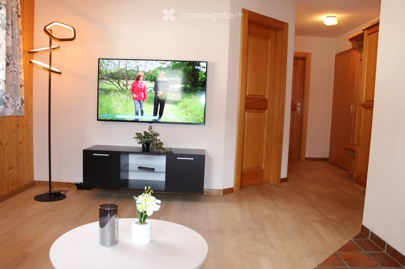 Modern living room with wooden flooring, a mounted TV, a sleek black TV cabinet, a round white coffee table with a vase and a metallic cylinder, and a floor lamp with a unique design.