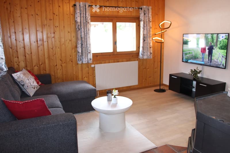 Modern living room with wooden walls, grey sofa, white coffee table, floor lamp, TV, and decorative elements.