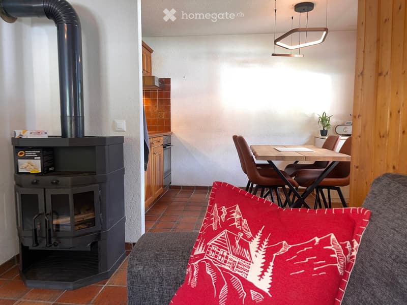 A cozy living space with a wood-burning stove, a sofa with a decorative pillow, a wooden dining table with chairs, and a small kitchen area with cabinets.