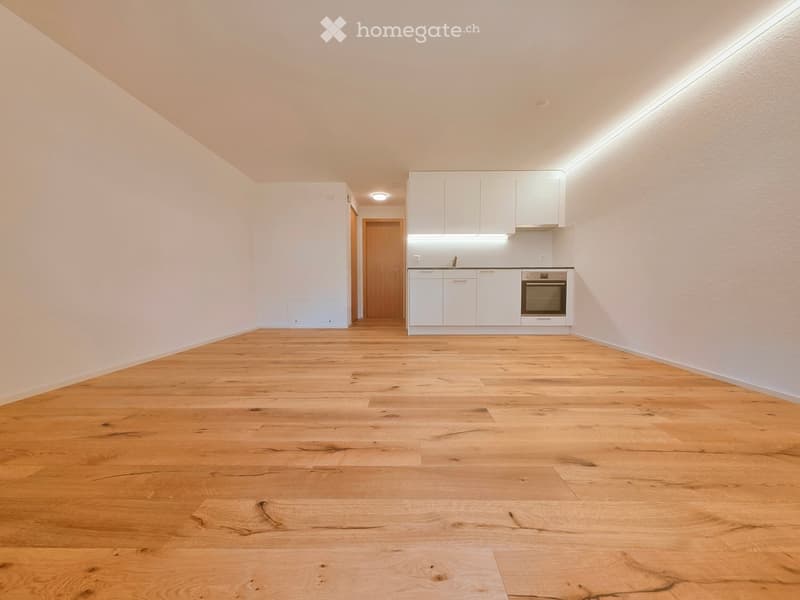 Empty room with light wooden flooring and white walls, featuring a small kitchen area with white cabinets, a sink, and an oven.