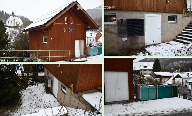 Four images showing various angles of a modern wooden house with a sloped roof, white doors, and green trash bins in a snowy landscape.