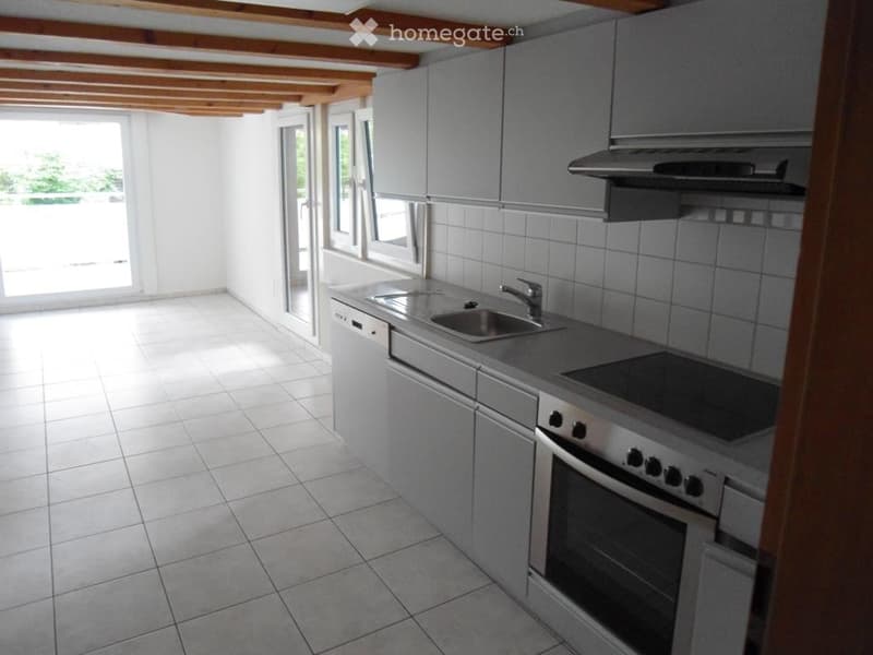 Modern kitchen with grey cabinets, stainless steel appliances, and a tiled backsplash. Features a sink, oven, dishwasher, and range hood.