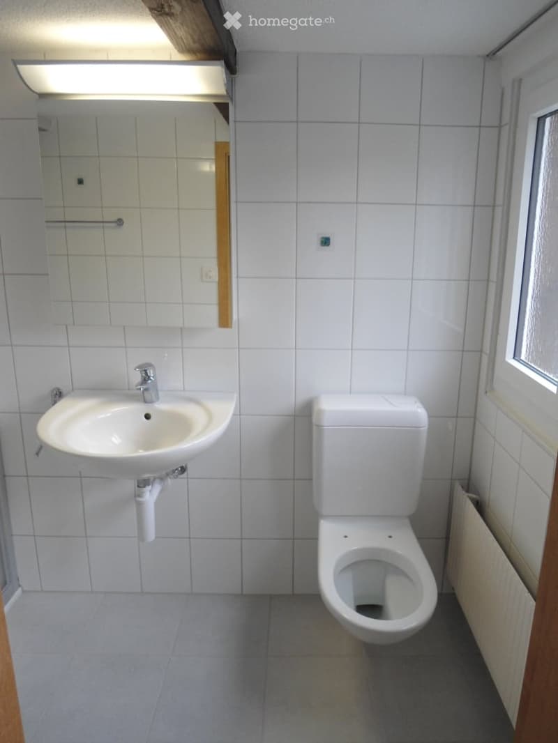 Modern bathroom with white tiles, a sink, a toilet, and a mirror above the sink. The room features a window on the right side and a wooden door frame on the left.