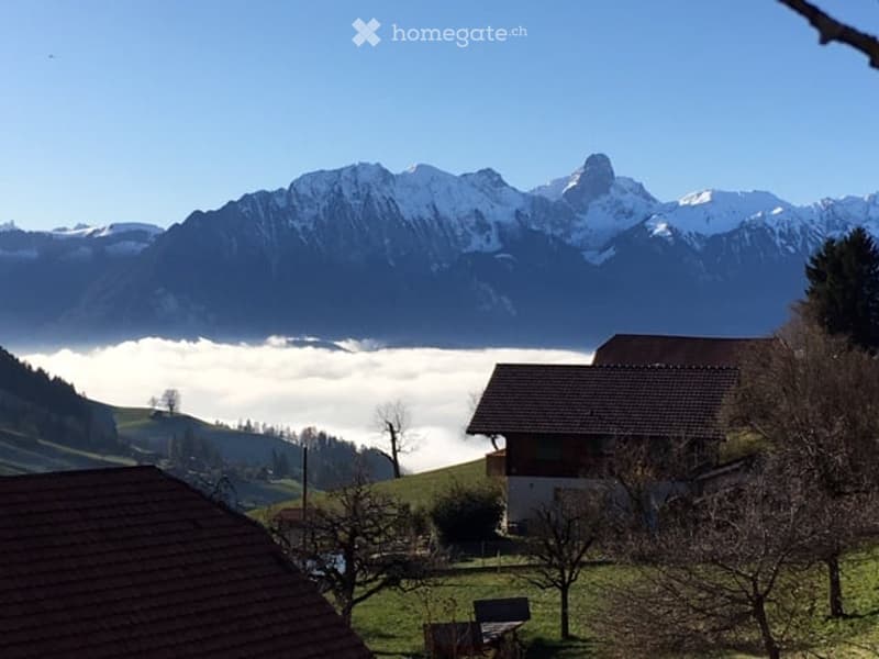 Scenic outdoor view of a rural landscape with snow-capped mountains, a small wooden house, and a clear blue sky.