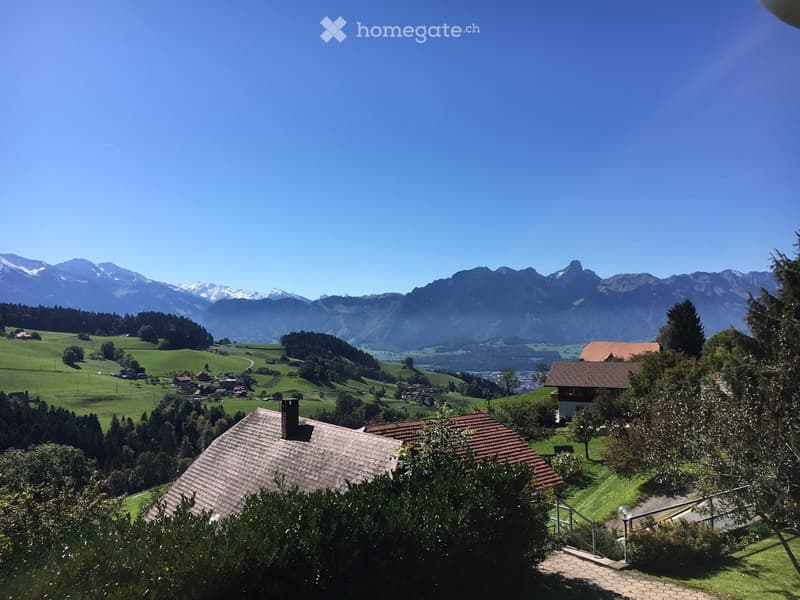 Scenic view of a rural village with traditional houses, surrounded by green fields and mountains under a clear blue sky.