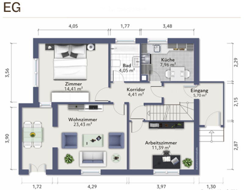 Floor plan of a 2-room apartment with a living room, bedroom, bathroom, kitchen, hallway, entrance, and study room.