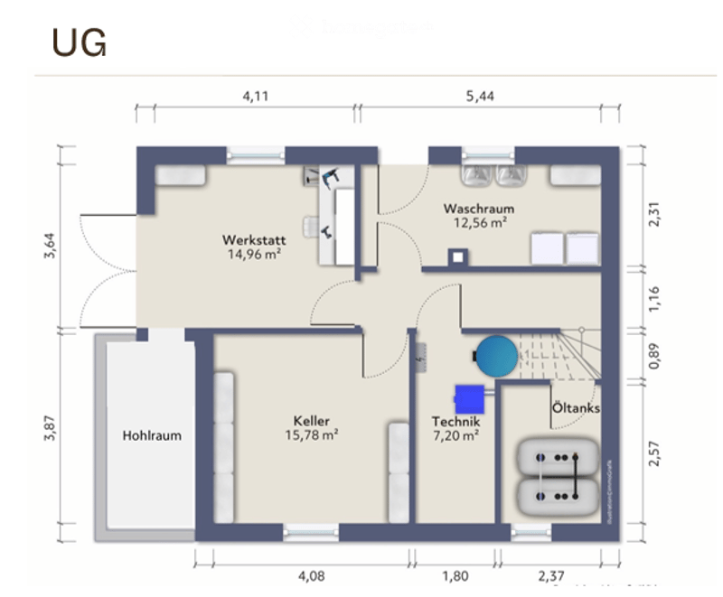 Underground floor plan showing Werkstatt, Waschraum, Keller, Technik, Ol tanks, and Hohlraum with dimensions.