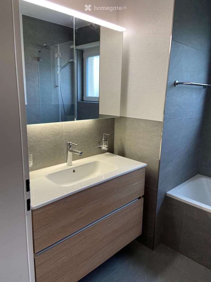 Modern bathroom with a white sink, wooden cabinet, chrome faucet, large mirror with built-in lighting, and a bathtub visible in the background.