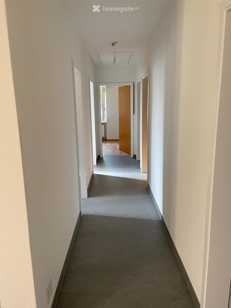 Empty hallway with white walls, dark tiled floor, and a single wooden door at the end.