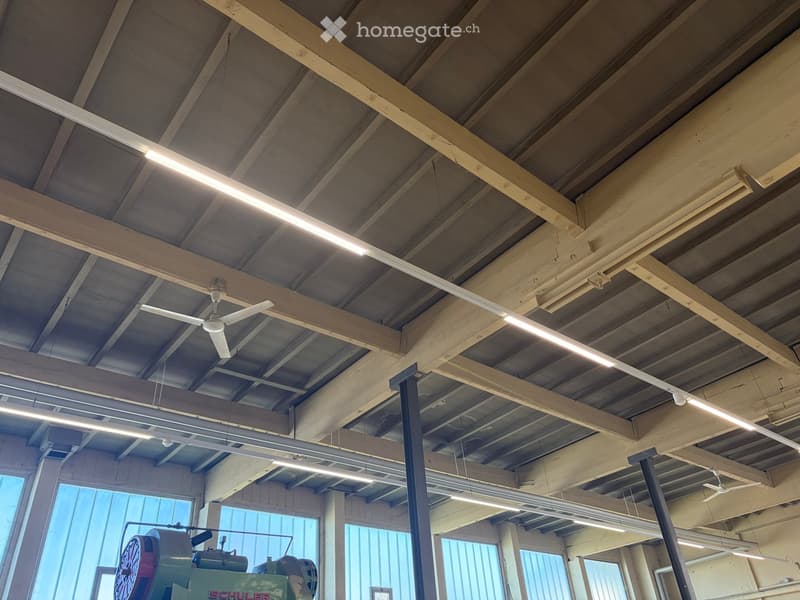 Industrial-style interior with exposed wooden beams, fluorescent lighting, ceiling fans, and large windows allowing natural light.