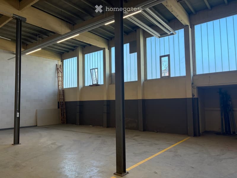 Empty industrial-style room with concrete floor, exposed metal beams, large windows, and a ladder leaning against the wall.