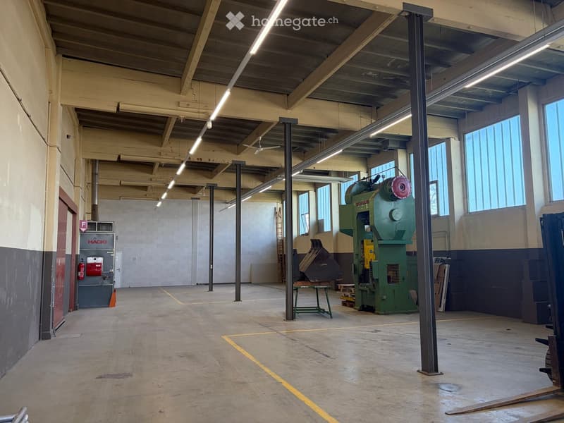 Large industrial workshop with high ceilings, exposed beams, and large windows. Contains a green industrial machine, a small table, a ladder, and a fire extinguisher.