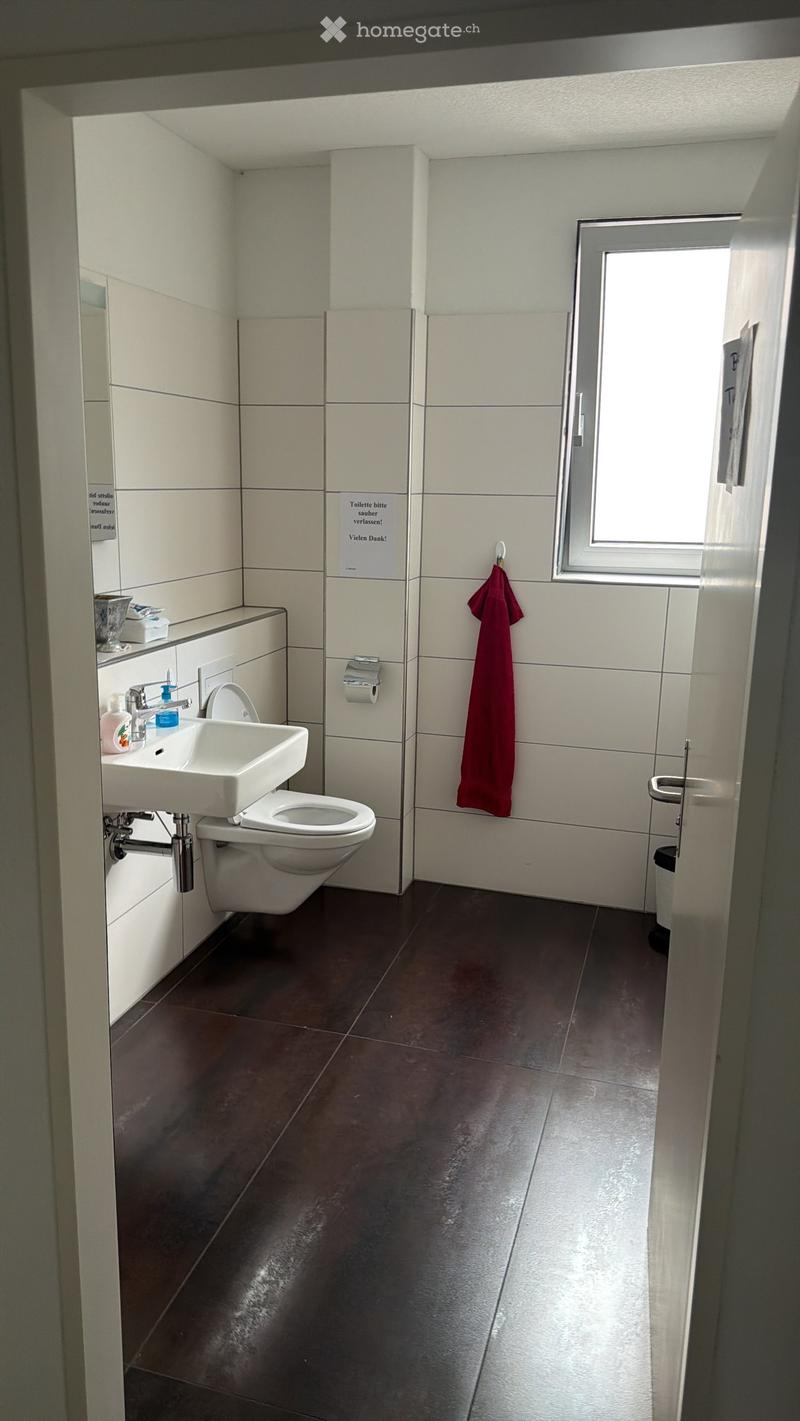 Modern bathroom with white tiles, dark brown floor, sink, toilet, mirror, and a red towel hanging on the wall.