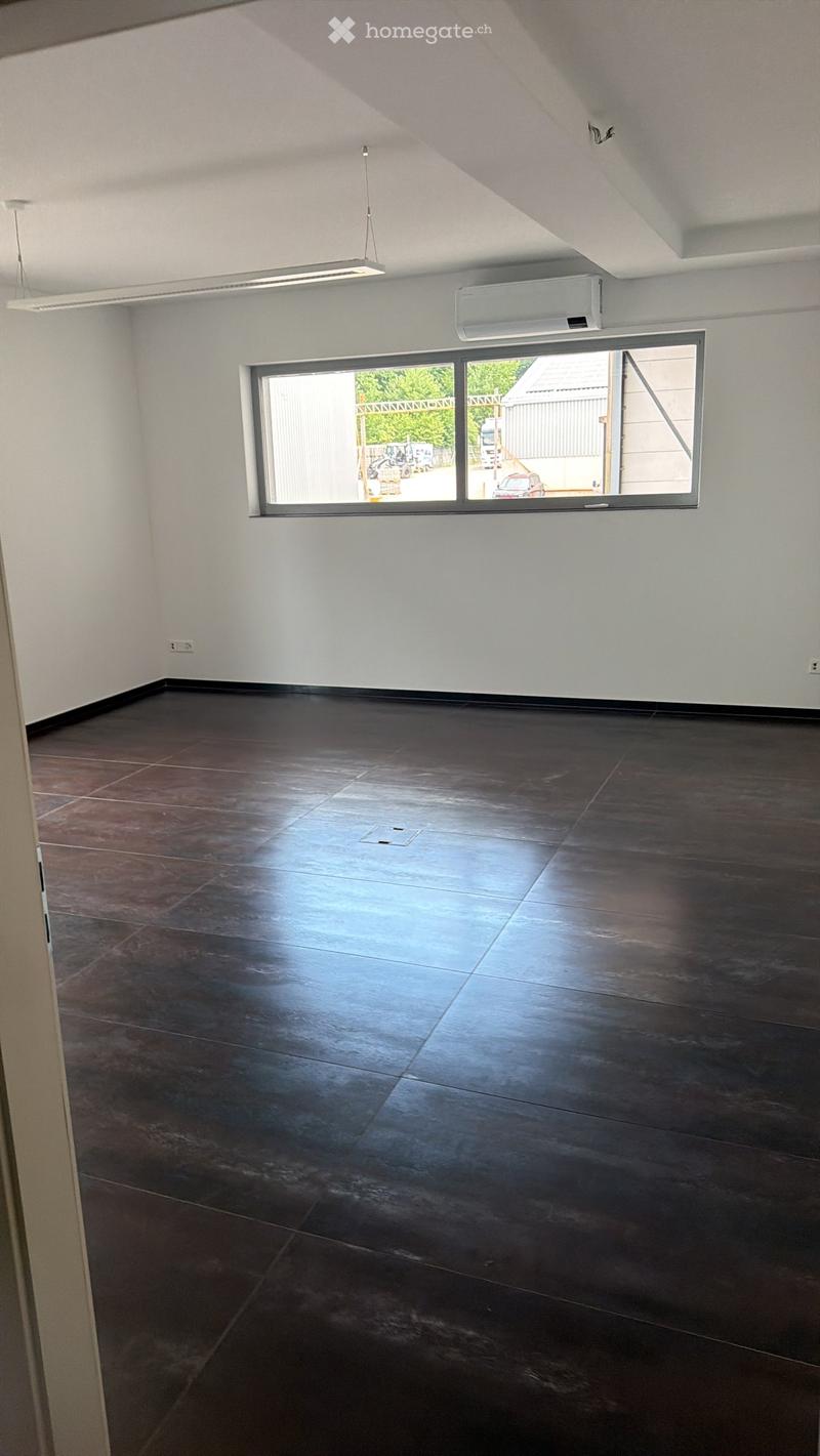 Empty room with dark tiled floor, white walls, large window, and ceiling light fixture.