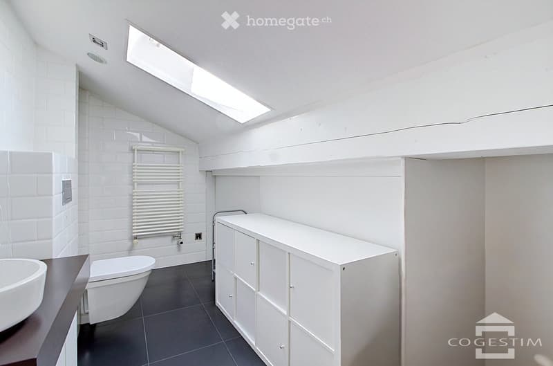 Modern bathroom with white tiles, a sink, toilet, built-in cabinet, and a radiator. The room features a skylight window and dark tiled flooring.