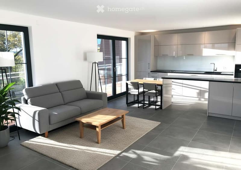 Modern open-plan living and dining area with grey sofa, wooden coffee table, dining table with chairs, and a sleek kitchen with cabinets and a countertop.