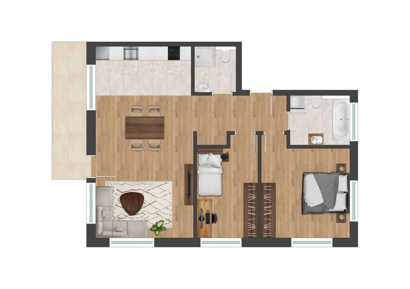 Layout includes a living room, dining area, two bedrooms, and two bathrooms. The living room features a sofa and coffee table, the dining area has a table and chairs, and the bedrooms each have beds.