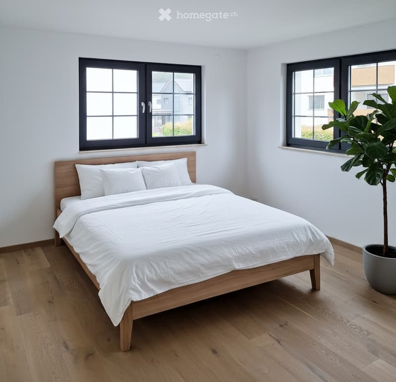 Bright bedroom with wooden flooring, large windows, a neatly made bed with white bedding, and a potted plant near the window.