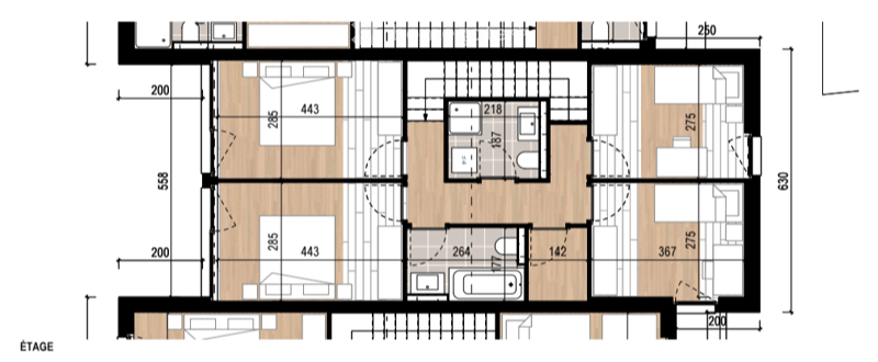 Floor plan of a two-bedroom apartment with a living room, kitchen, two bathrooms, and a hallway.