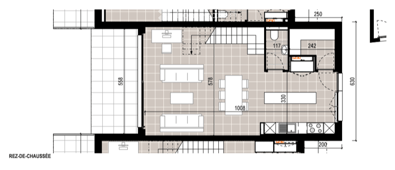 Ground floor floor plan showing living room, dining area, kitchen, three bedrooms, two bathrooms, and a balcony.