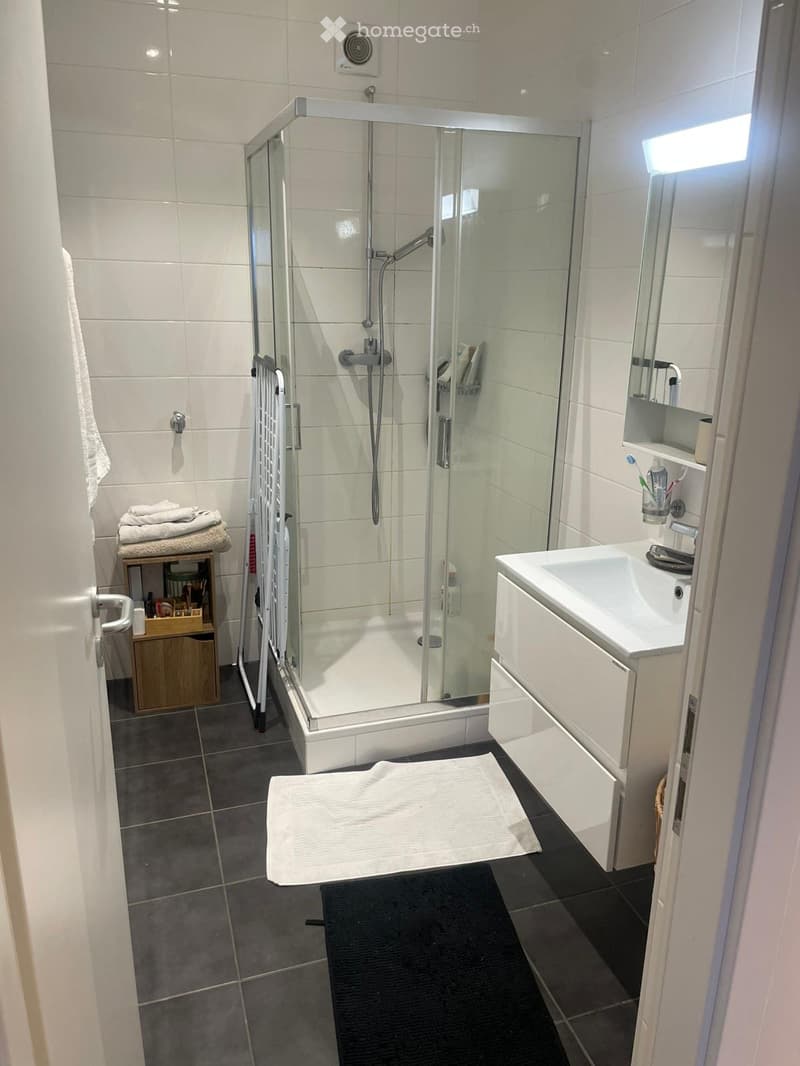 Modern bathroom with a glass-enclosed shower, white tiles, a white sink with a cabinet, and a small wooden shelf holding towels and toiletries.