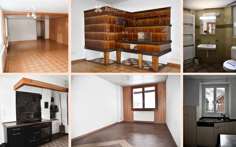 A collage of six unfurnished rooms showcasing different styles and layouts, including a living room, kitchen, bathroom, and bedroom, all with bare walls and floors.