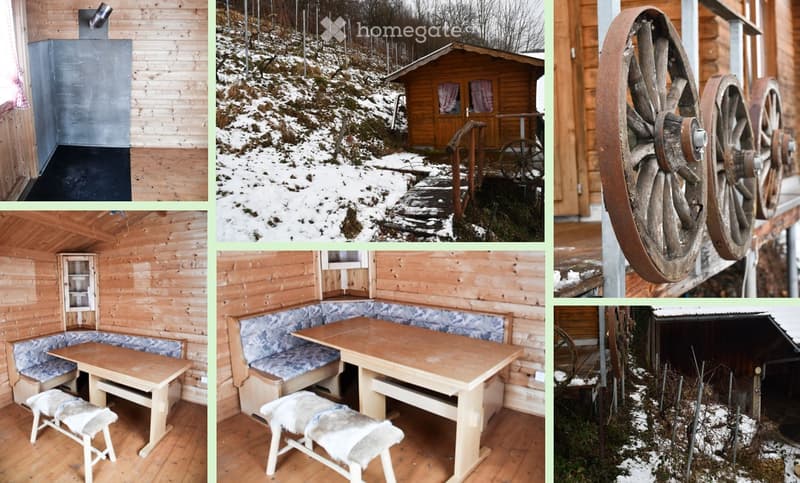 A collage of images showcasing a cozy wooden cabin in a snowy landscape. The interior features wooden walls, a dining area with a table and benches, and a small cabinet. The exterior shows a wooden cabin with a staircase leading to the entrance, surrounde