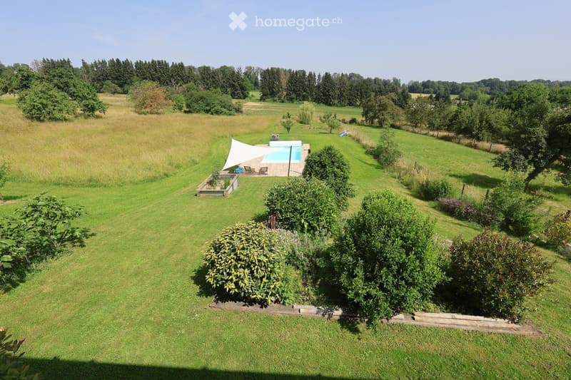 A spacious, well-maintained garden with a swimming pool, a covered seating area, and various greenery including bushes and trees.