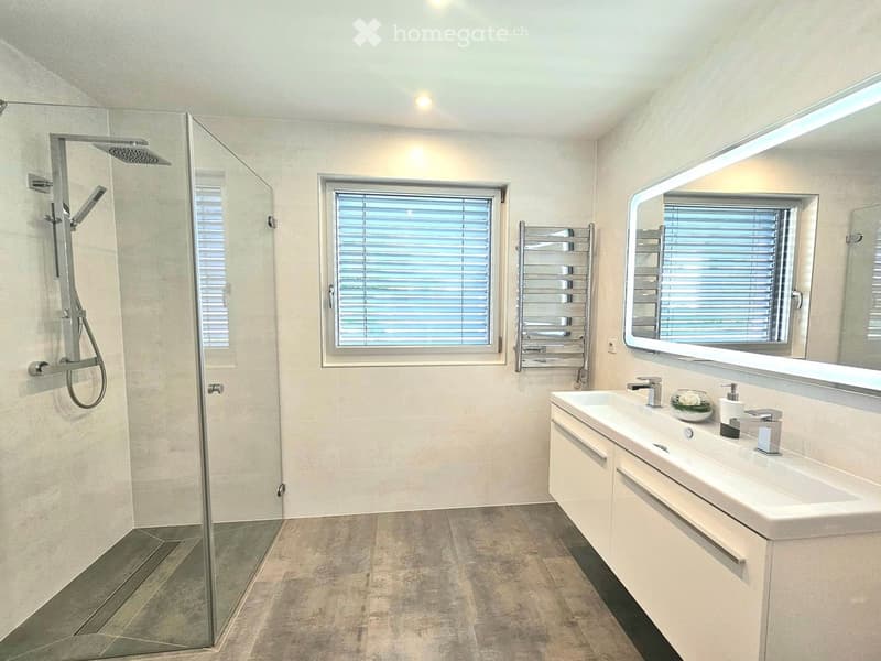 Modern bathroom with a glass-enclosed shower, double sink vanity with mirrored cabinet, and built-in towel rack. Features recessed lighting and large windows with blinds.