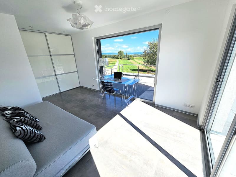 Modern, minimalist room with a grey sofa, zebra-patterned cushions, a glass table with a laptop, and a view of a green landscape through large windows.