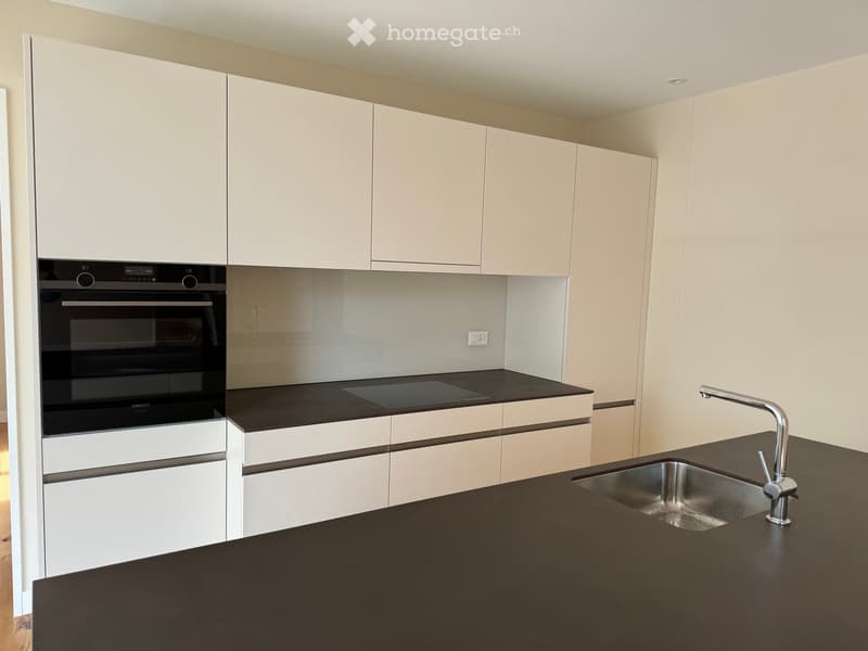 Modern kitchen with white cabinets, black countertops, stainless steel sink, and built-in oven.