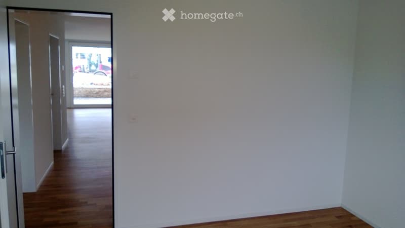 Empty hallway with light-colored walls and wooden flooring, leading to an open doorway with a view of an outdoor area.