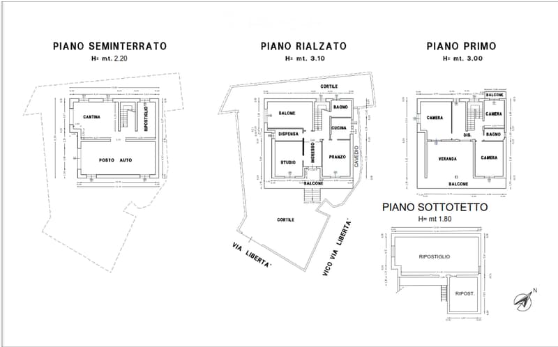 Floor plan showing four levels: basement, raised ground floor, first floor, and attic. Includes rooms such as kitchen, living room, studio, bedrooms, bathrooms, balconies, and storage areas.